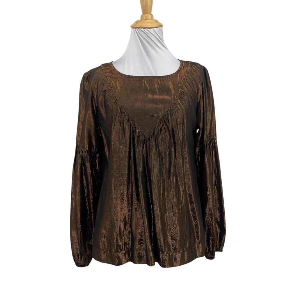 Amadi Blouse Womens XS Extra Small Bronze Metallic Lurex Puff Princess Sleeve